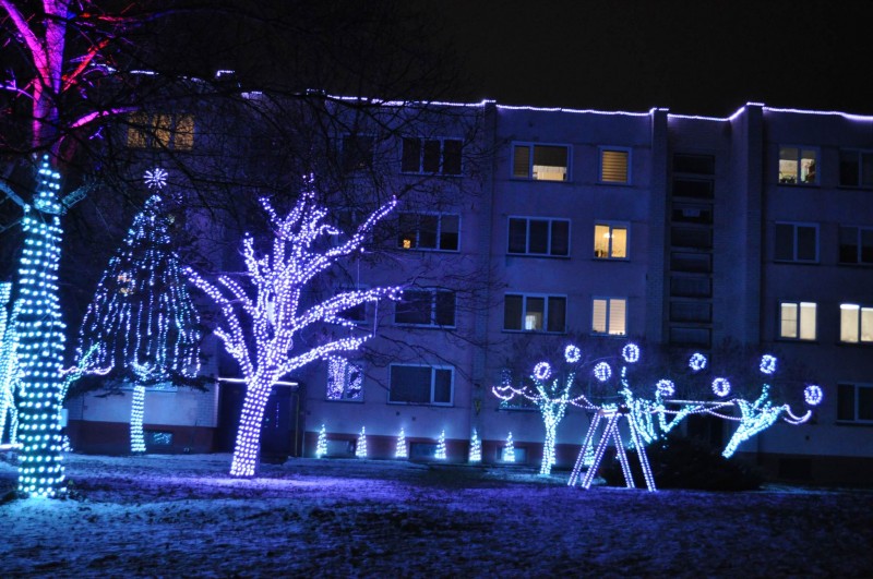 Lietuvā pusaudzis daudzstāvu mājas pagalmā izveido košu ziemas pasaku